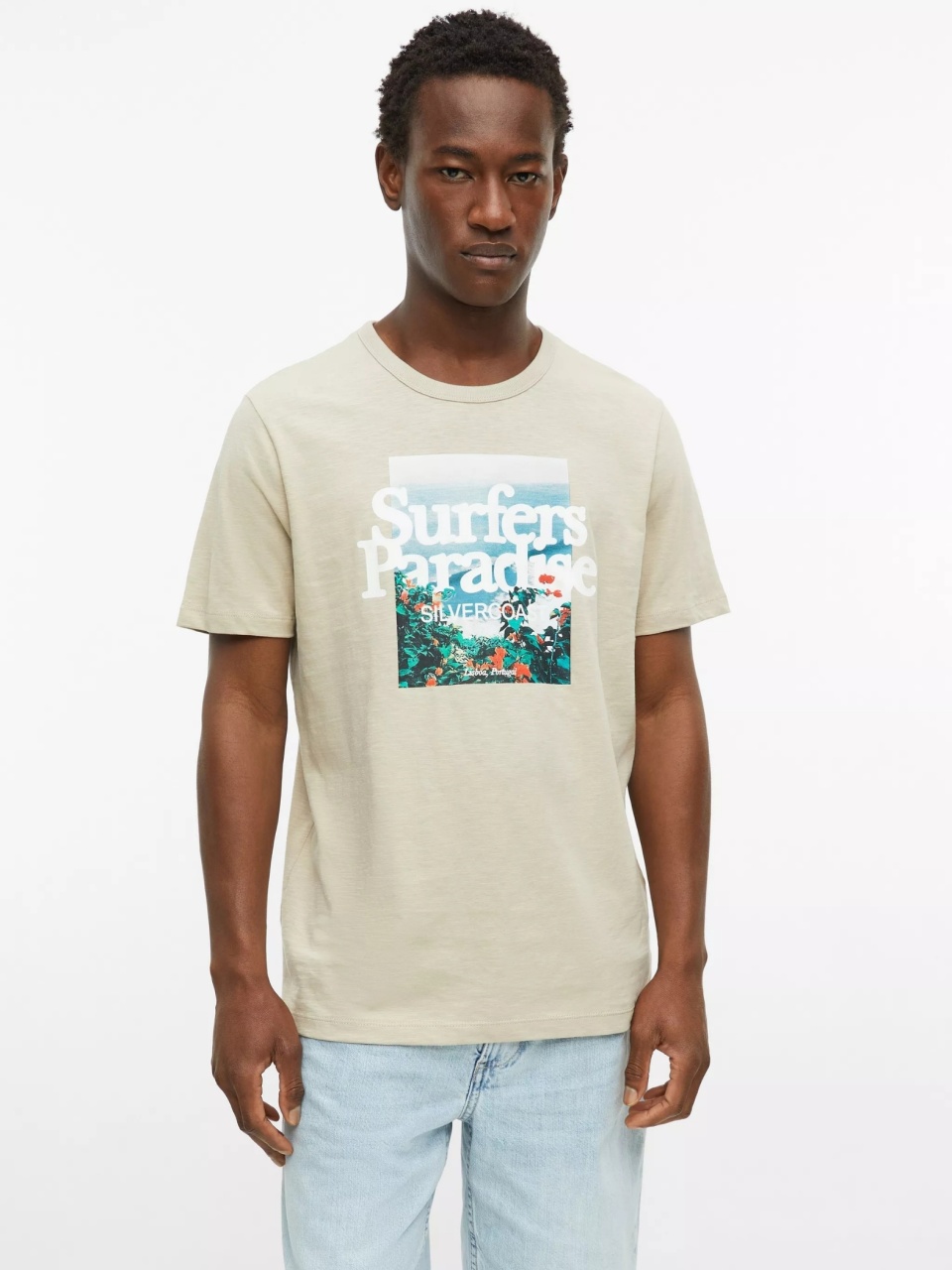 s.Oliver Tricou barbati din bumbac, cu imprimeu foto, Regular fit, Bej (SELECTATI MARIMEA: 2XL)