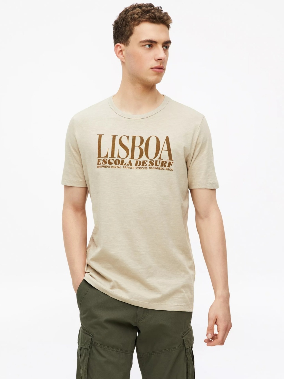 s.Oliver Tricou barbati din bumbac, cu imprimeu, Regular fit, Bej (SELECTATI MARIMEA: M)