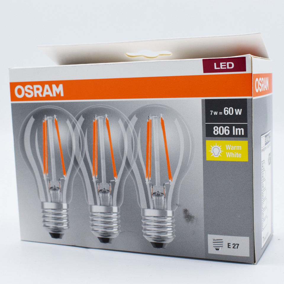 Set 3 becuri led Vintage Filament 7W (60W), E27, A60, 806 lm, lumina calda (2700K), clar,, Osram Ledvance