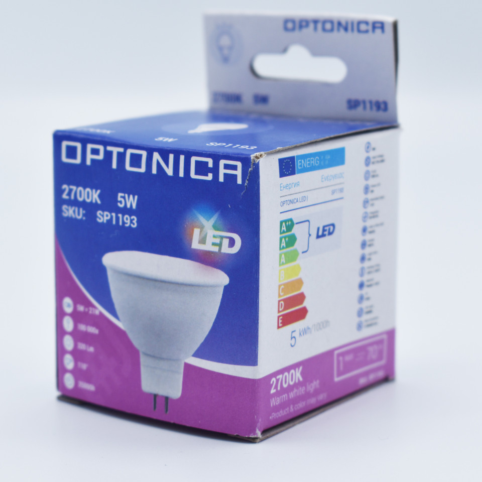 Bec led MR16 12V, 5W (21W), 320 lm, 110 grade, lumina calda (2700K), opal, Optonica