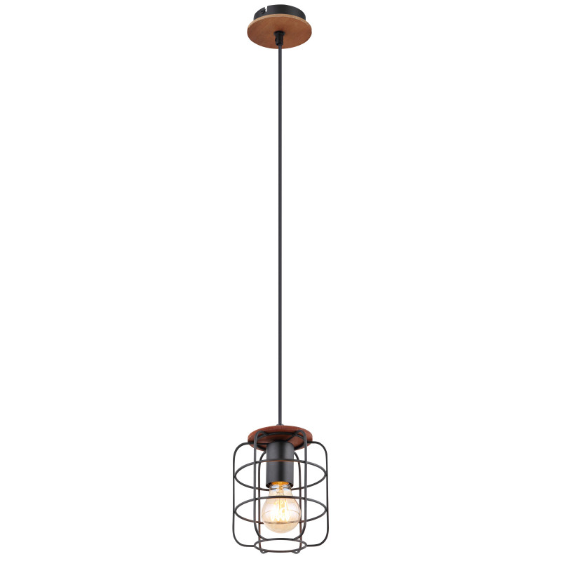 Pendul metal negru/imitatie lemn maro, abajur gratii metal negru, 1 bec, dulie E27, 54037H, Globo