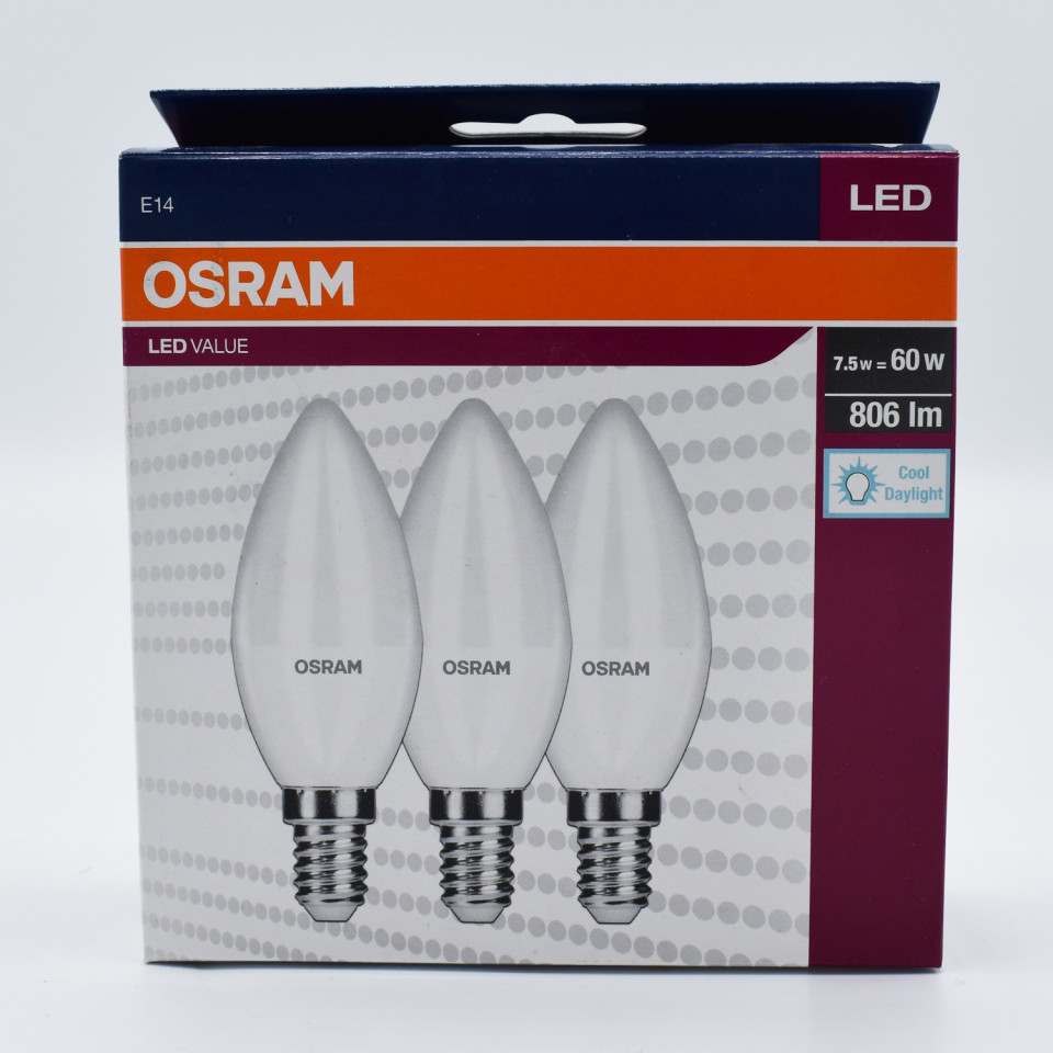 Set 3 becuri led lumanare 7.5W (60W), E14, B60, 806 lm, lumina rece (6500K), opal, Osram OSRAM imagine noua 2022