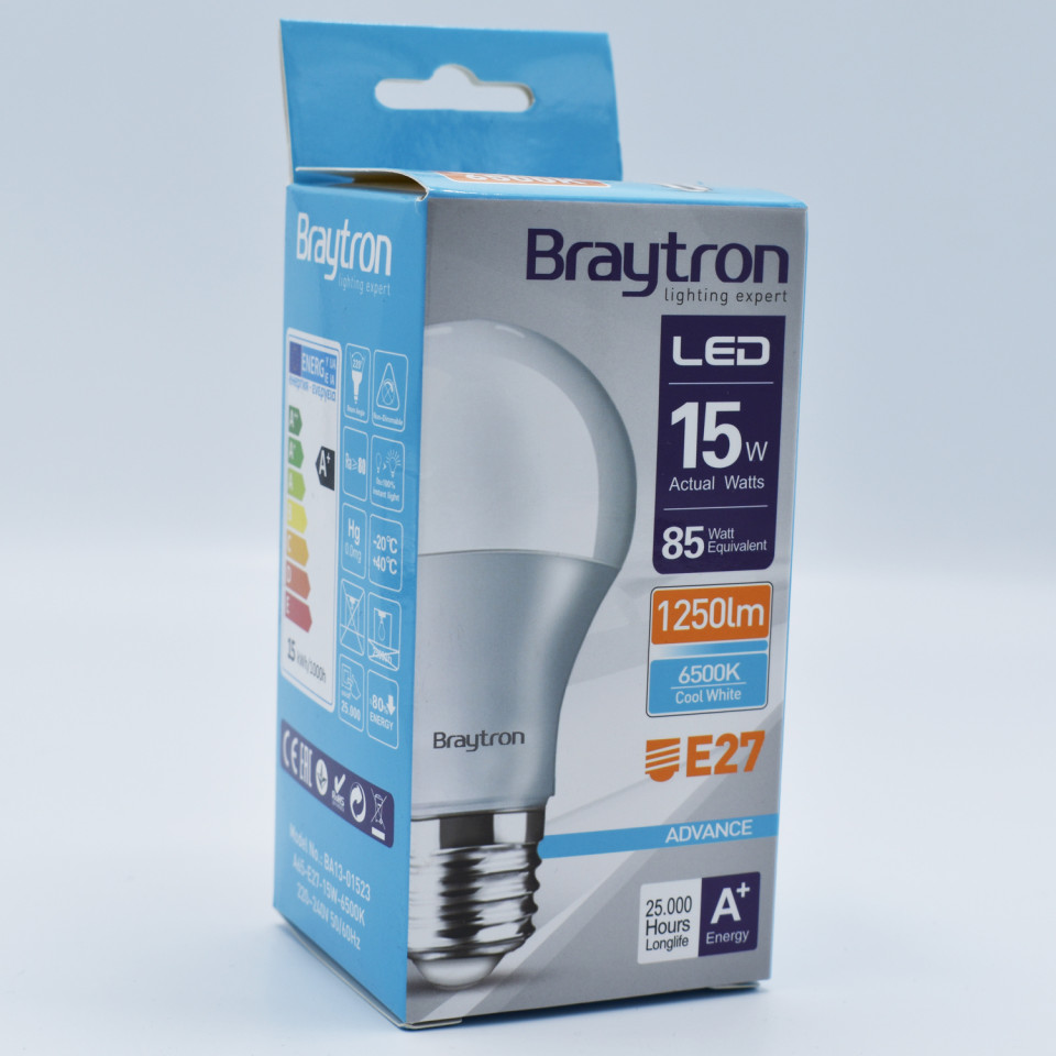 Bec led 15W (85W), E27, A60, 1250 lm, lumina rece (6500K), opal, Braytron