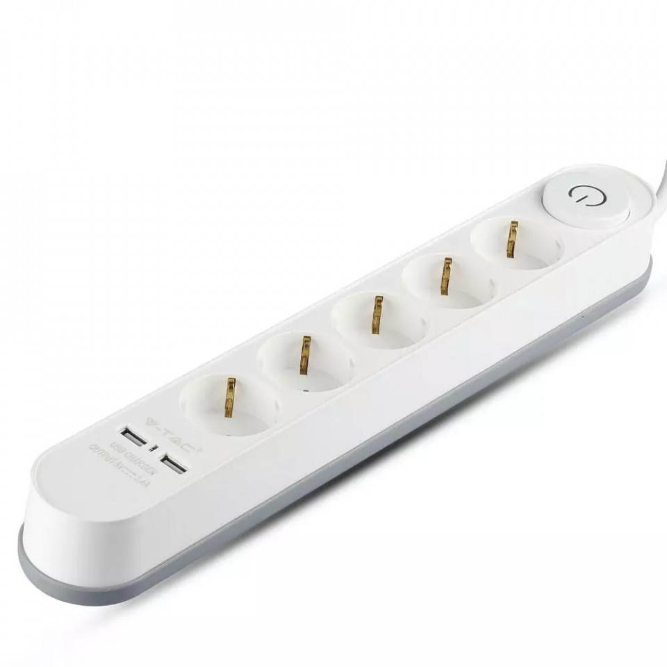 Prelungitor V-TAC ,2 USB 5V 3.4A, cablu 3×1.5mm, 5 prize, 3m, alb savelectro imagine noua 2022