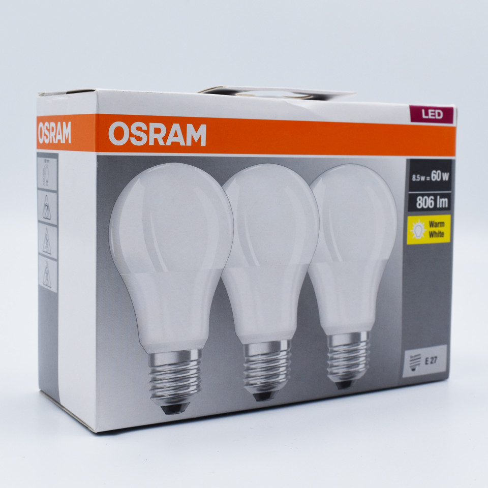 Set 3 becuri led 8.5W (60W), E27, 806 lm, lumina calda (2700K), opal, Osram OSRAM imagine noua 2022