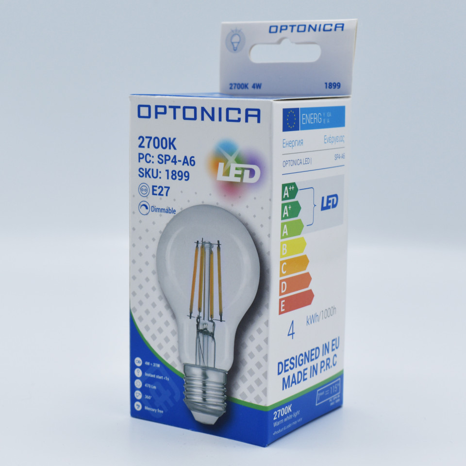 Bec led dimabil Vintage filament 4W (31W), E27, A60, 470 lm, lumina calda (2700K), clar, Optonica