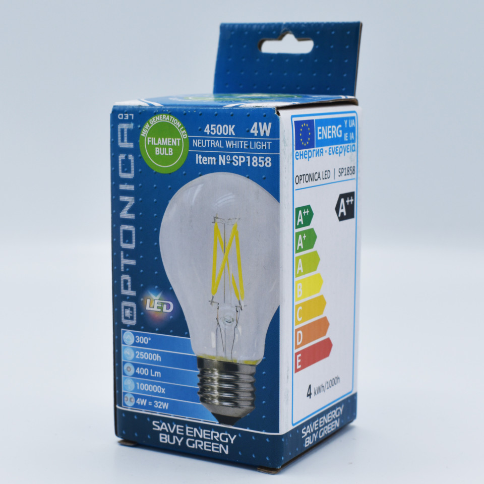 Bec led Vintage filament 4W (32W), E27, A60, 400lm, lumina neutra (4500K), clar, Optonica