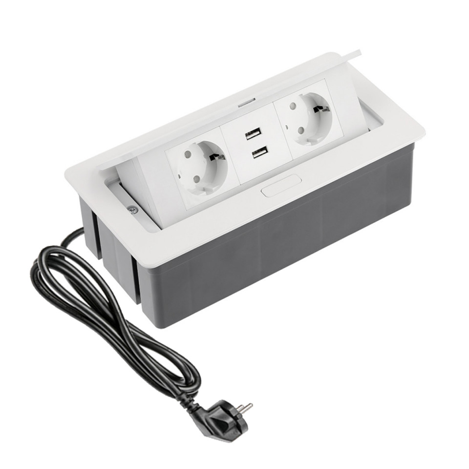 Priza incastrabila dreptunghiulara , 2 prize schuko + 2 USB 5V 2.1A, alba, GTV