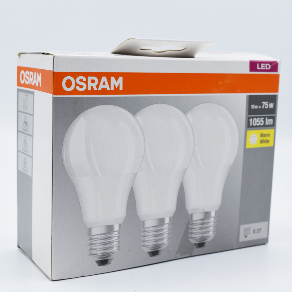 Set 3 becuri led 10W (75W), E27, 1055 lm, lumina calda (2700K), opal, Osram