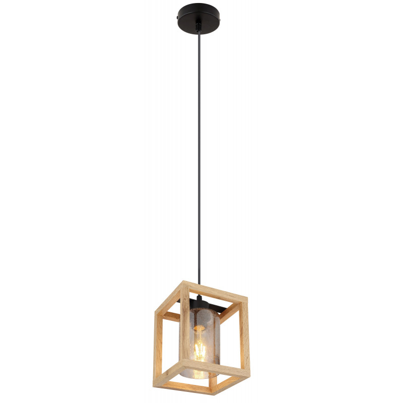 Pendul metal negru mat, MDF maro închis, sticlă fumuriu, sticlă cu bule de aer, 1 bec, dulie E27, 15497H, Globo