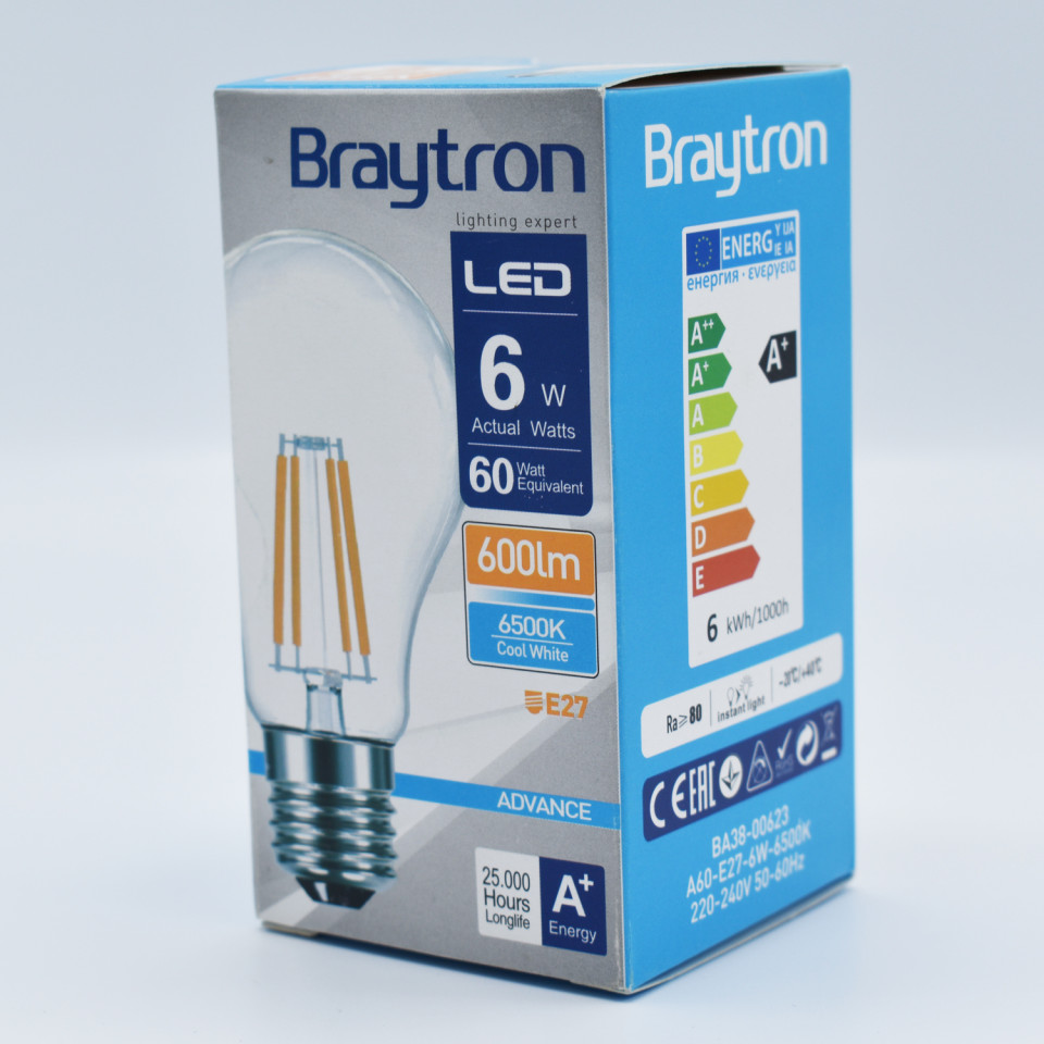 Bec led Vintage filament 6W (60W), E27, A60, 600lm, lumina rece (6500K), clar, Braytron