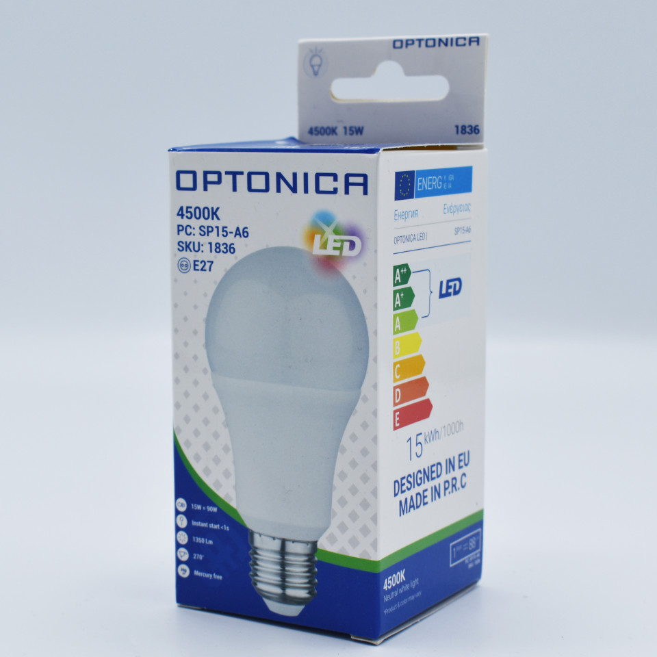 Bec led 15W (90W), E27, A65, 1350lm, lumina neutra (4500K), opal, Optonica