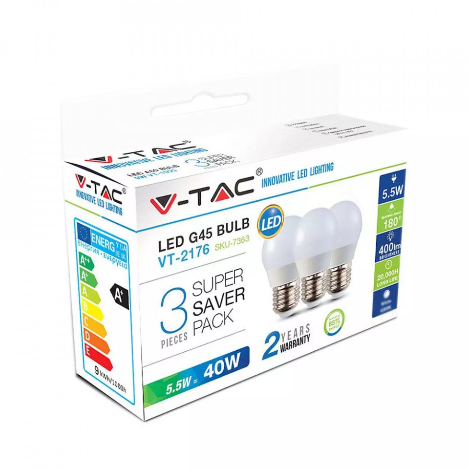 Set 3 becuri led E27, 5.5W (40W), lumina naturala (4000K), 400 lm, A+, V-TAC