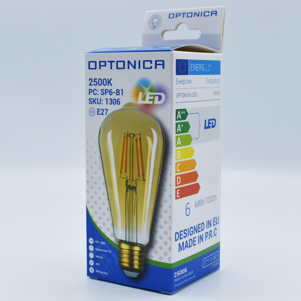 Bec led Vintage Filament Avocado 6W (36W), E27, ST64, 540 lm, lumina calda (2500K), auriu, Optonica