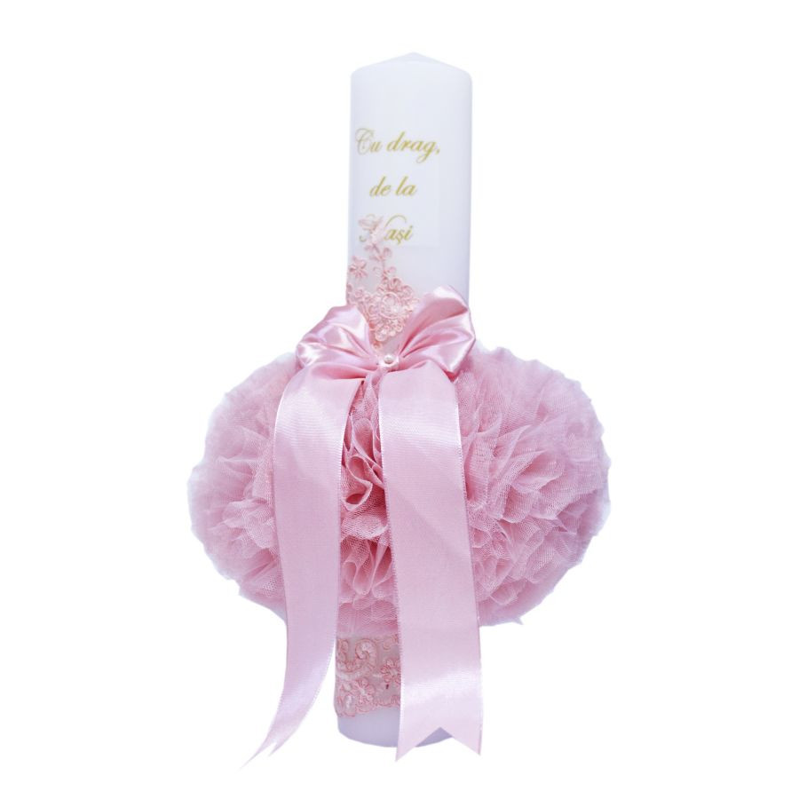 cadou de multumire pentru nasi de botez Lumanare botez cu tulle roz, funda si broderie - "Cu drag de la Nasi" - 40x7 cm - LPB-156
