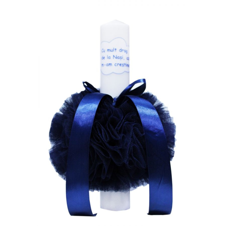 mesaje de la nasi pentru fini la aniversarea casatoriei Lumanare botez cu tulle bleumarin si funda - "Cu mult drag de la Nasi" - 30x5 cm - LPB-125