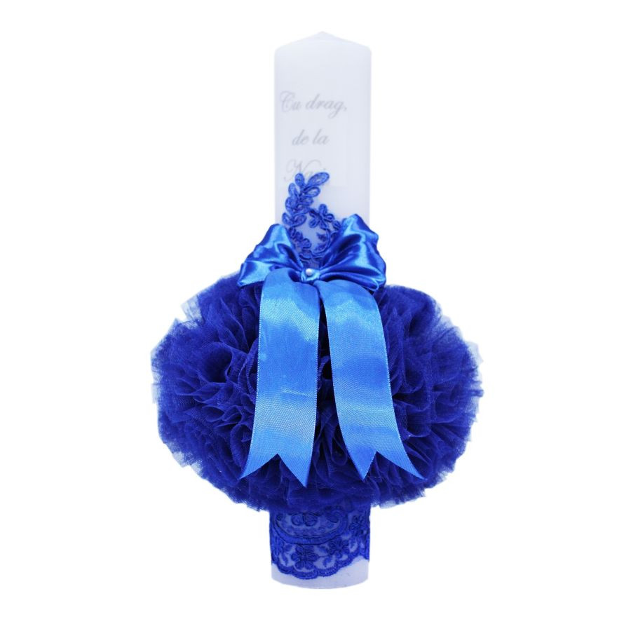 cadou de multumire pentru nasi de botez Lumanare botez cu tulle albastru electric, funda si broderie - "Cu drag de la Nasi" - 40x7 cm - LPB-150