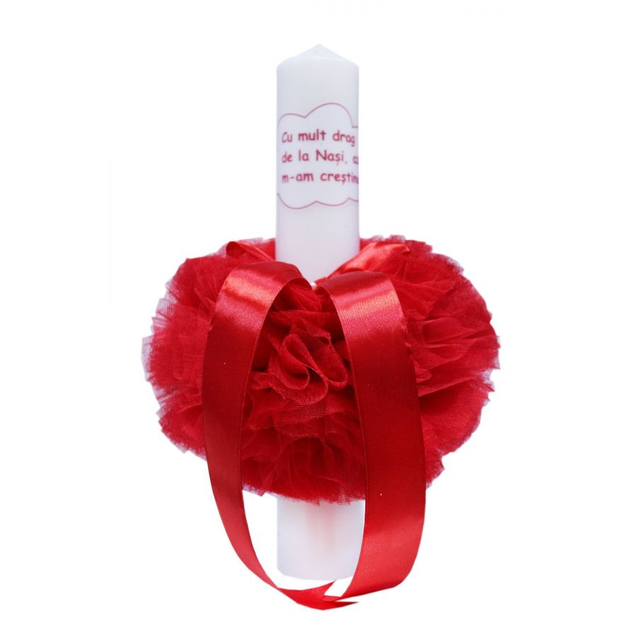 mesaje de la nasi pentru fini la aniversarea casatoriei Lumanare botez cu tulle rosu si funda - "Cu mult drag de la Nasi" - 30x5 cm - LPB-127