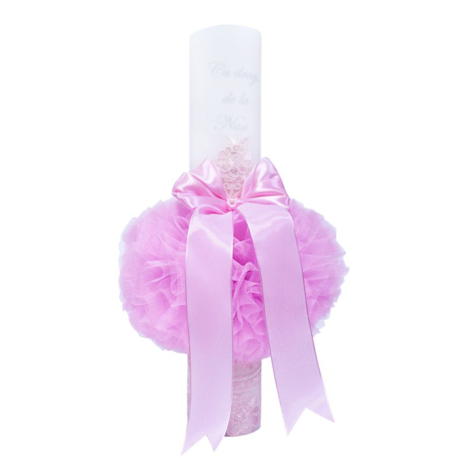 cadou de multumire pentru nasi de botez Lumanare botez cu tulle roz deschis, funda si broderie - "Cu drag de la Nasi" - 40x7 cm - LPB-151