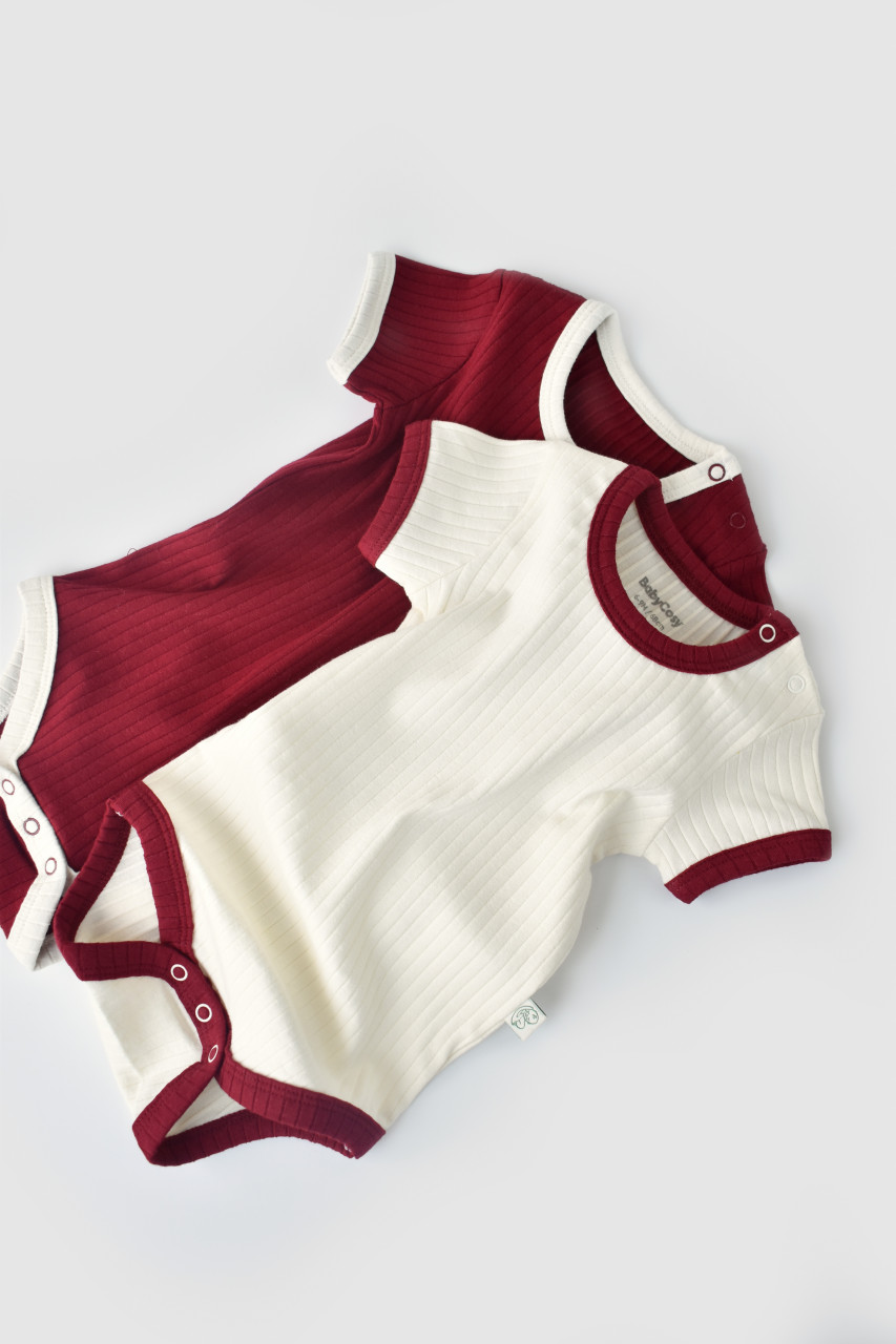 Set 2 body-uri Ribana Bebe Unisex din bumbac organic si 5%elastan - Ecru/Bordo, BabyCosy