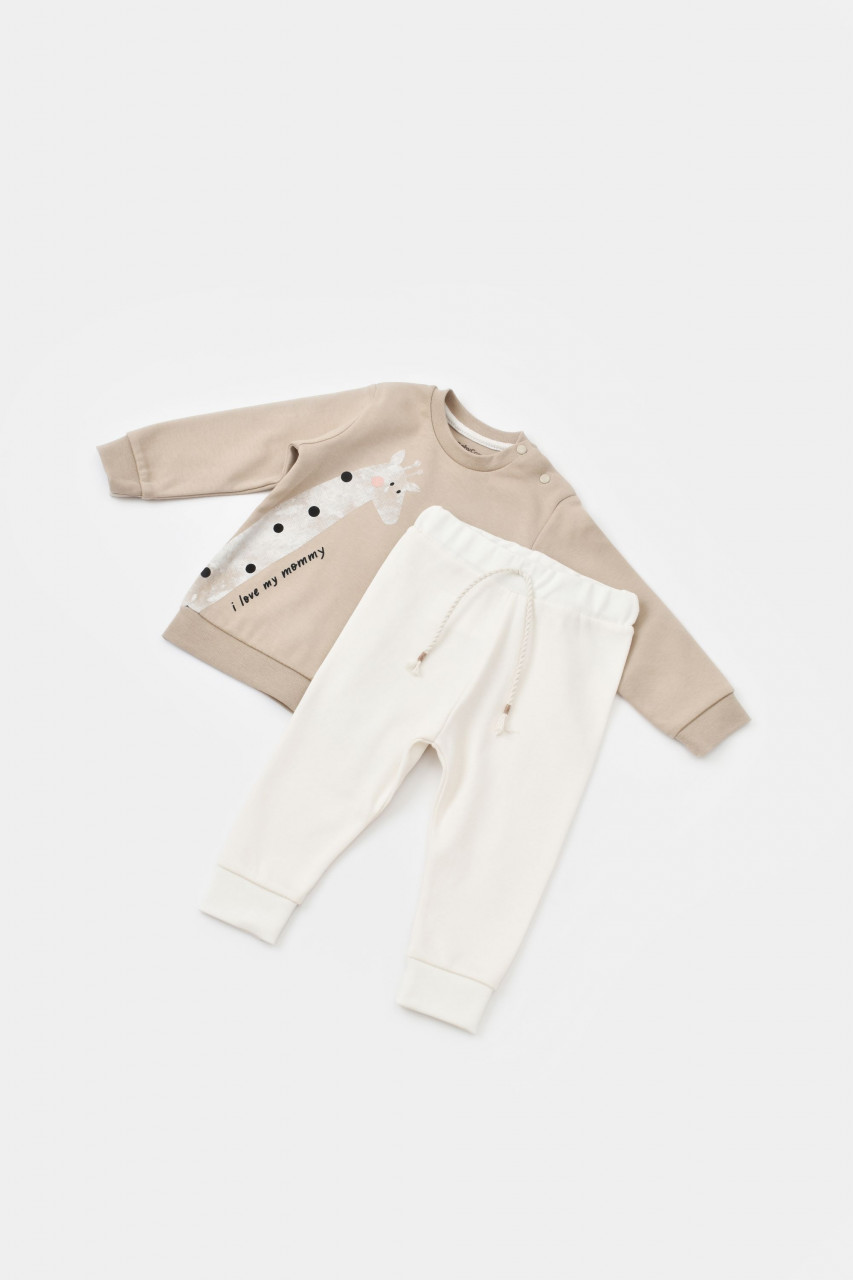 Set bluzita cu maneca lunga si pantaloni lungi cu buline Girafa, BabyCosy, 100% bumbac organic, Mink