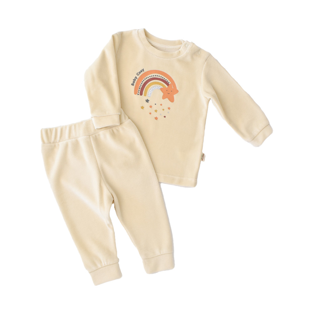 Set Curcubeu cu bluzita cu maneca lunga si pantaloni lungi din 80%bumbac organic si 20% poliester - Crem, BabyCosy