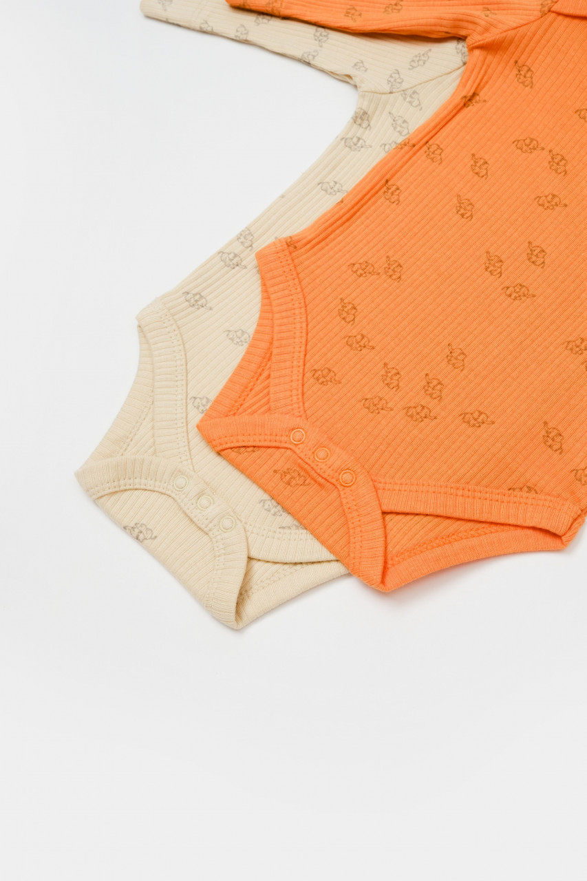 Set 2 body-uri cu maneca lunga Printed, BabyCosy, 50% modal+50% bumbac, Stone/Apricot