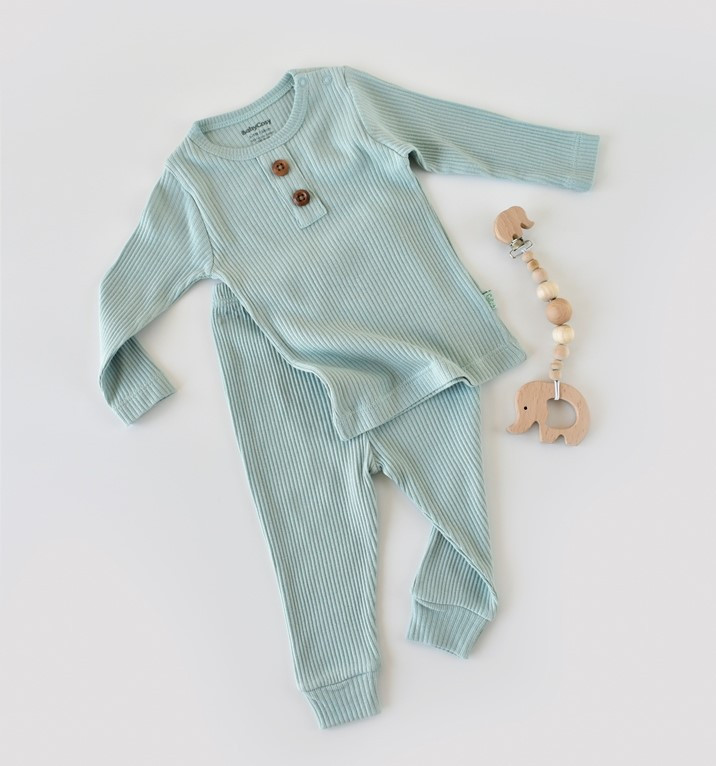 Set bluzita cu maneca lunga si pantaloni lungi din bumbac organic si modal - Mint BabyCosy