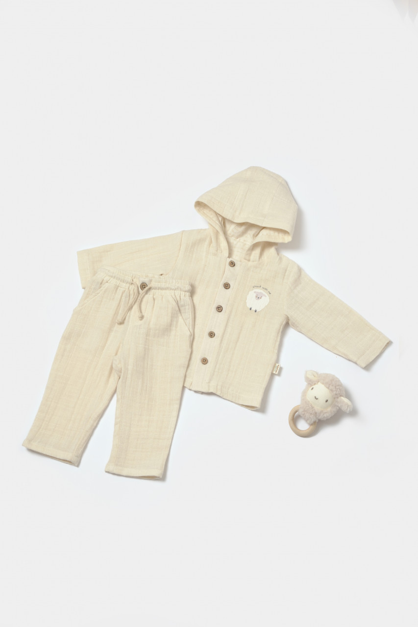 Set bluza cu gluga si pantaloni, Winter muselin, 100% bumbac – Stone, BabyCosy Compleuri copii