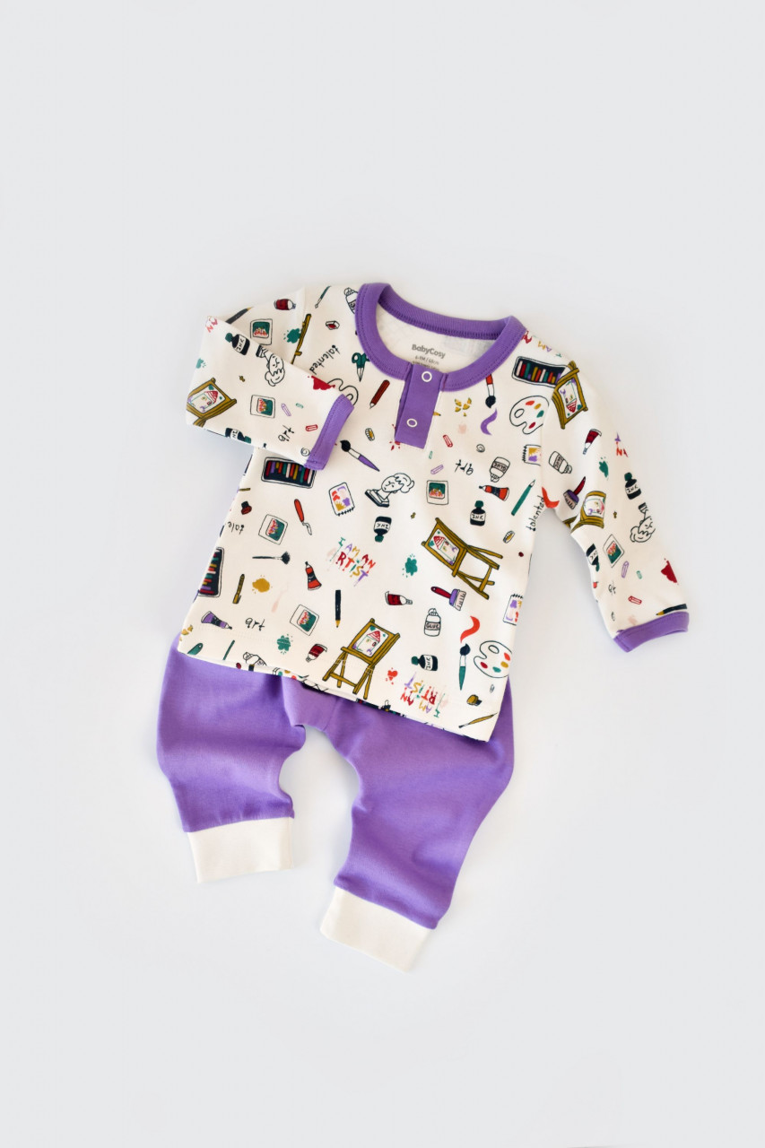 Set bluzita cu maneca lunga si nasturei si panataloni lungi, 100% bumbac organic, BabyCosy, Mov