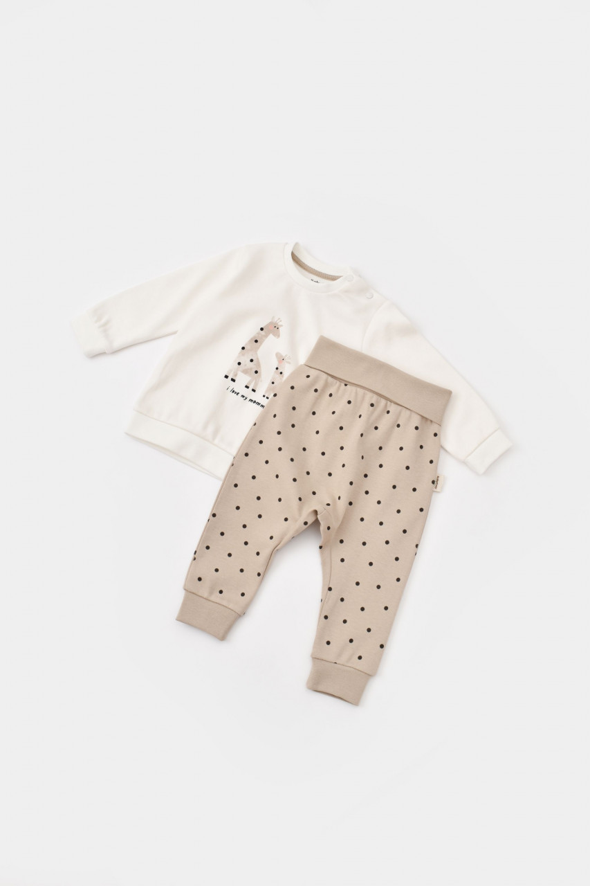 Set bluzita cu maneca lunga si pantaloni lungi cu buline Girafa, BabyCosy, 100% bumbac organic, Ecru