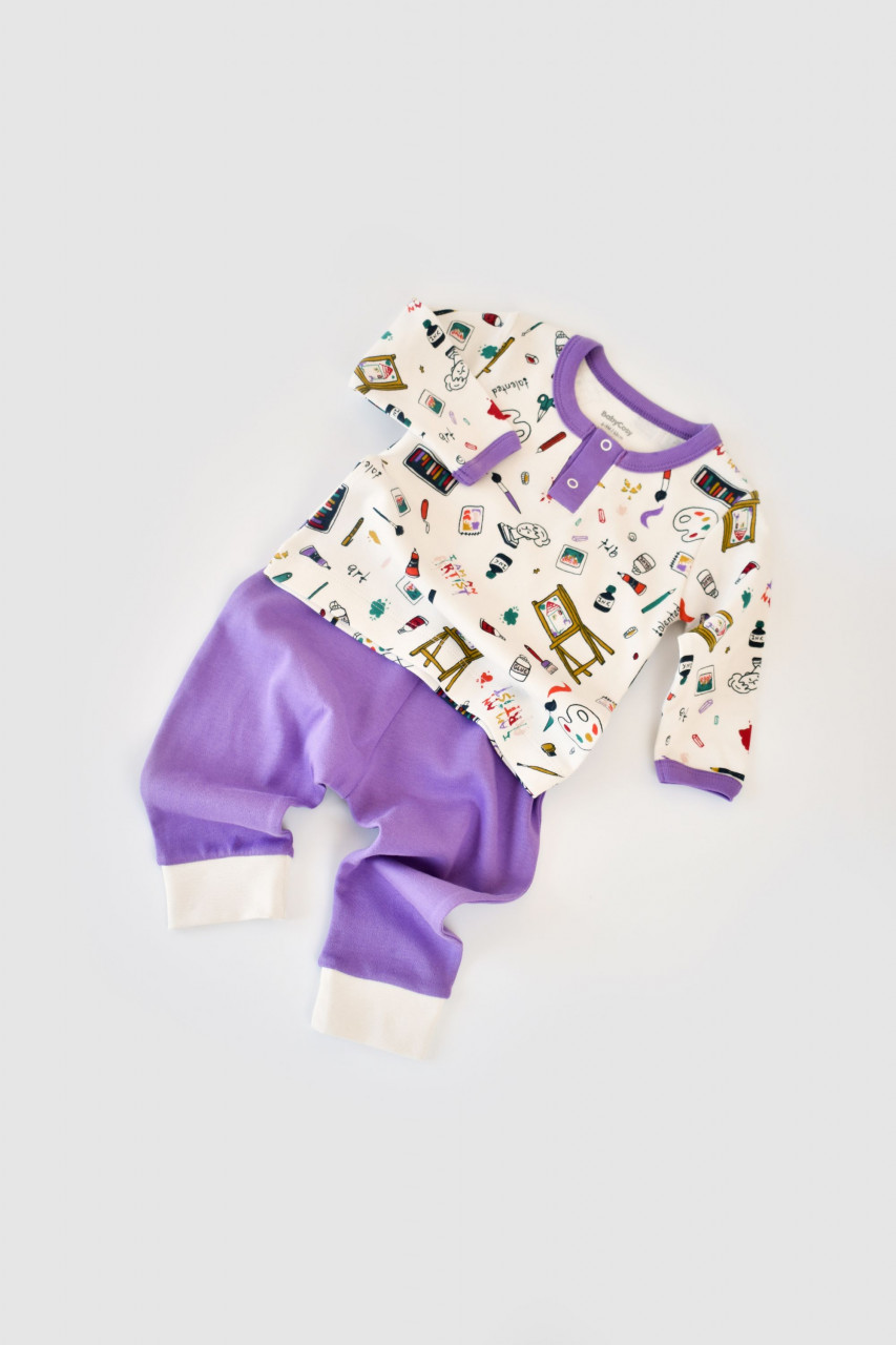 Set bluzita cu maneca lunga si nasturei si pantaloni lungi, 100% bumbac organic, BabyCosy, Mov