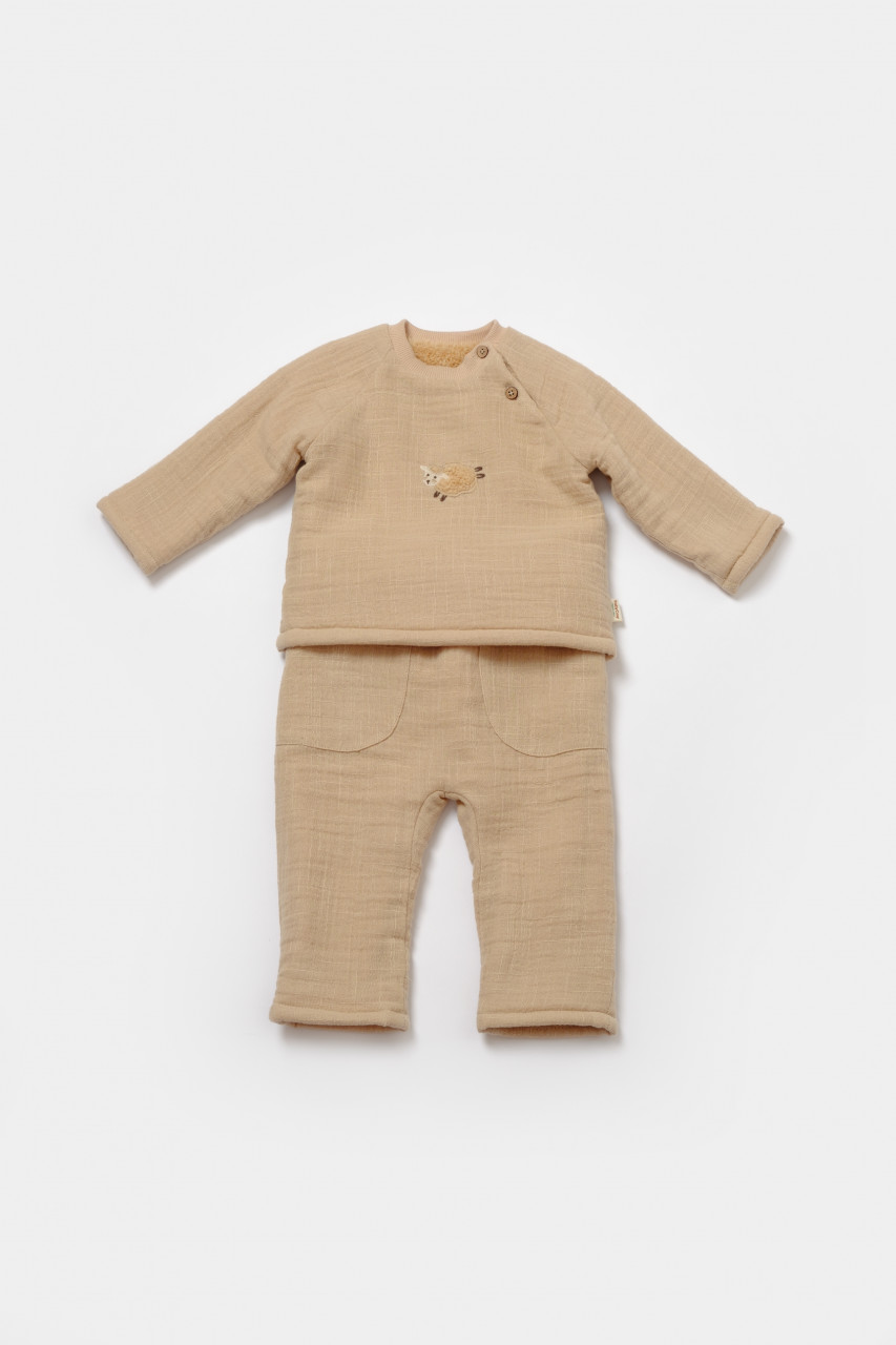Set bluza dublata si pantaloni, Winter muselin, 100% bumbac – Apricot, BabyCosy Compleuri copii