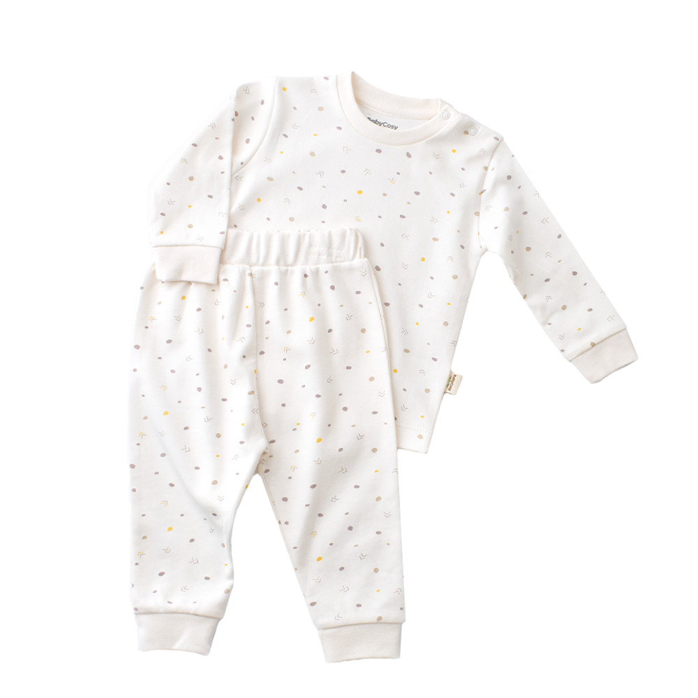 Set bluzita cu maneca lunga si panataloni lungi - bumbac organic 100% - Ecru cu buline, Baby Cosy