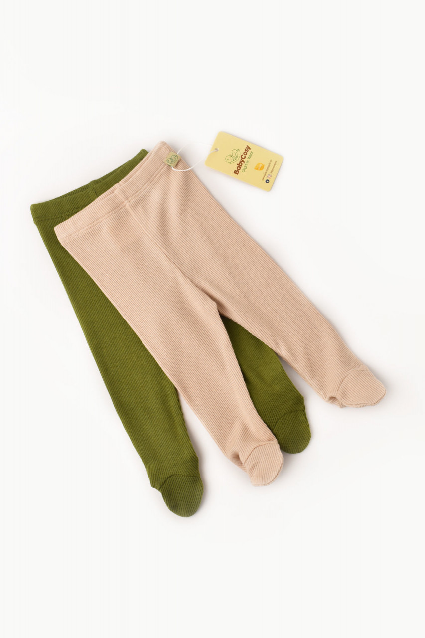 Set 2 pantaloni cu botosei bebe unisex din bumbac organic si modal - Verde/Blush, BabyCosy