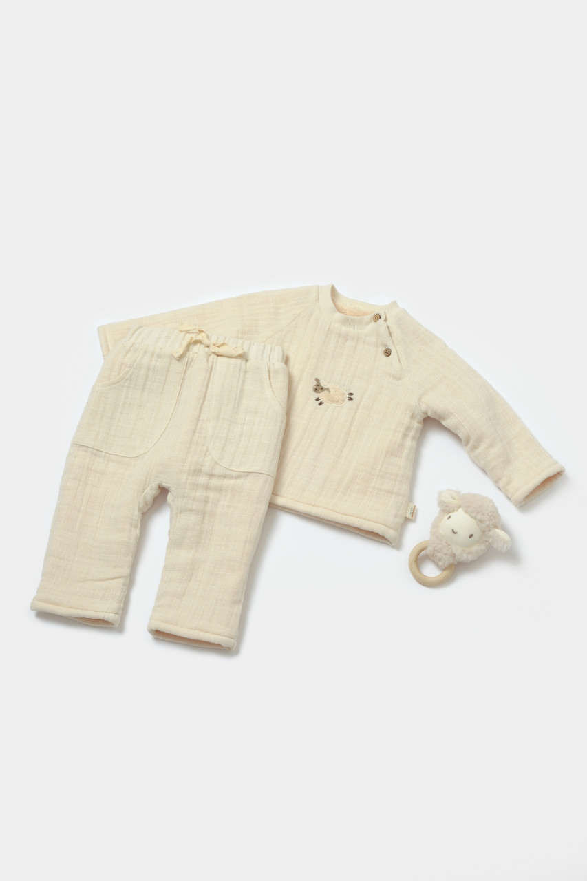 Set bluza dublata si pantaloni, Winter muselin, 100% bumbac – Stone, BabyCosy Compleuri copii