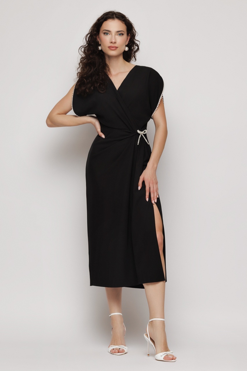 Rochie midi neagră elegantă cu mărgele