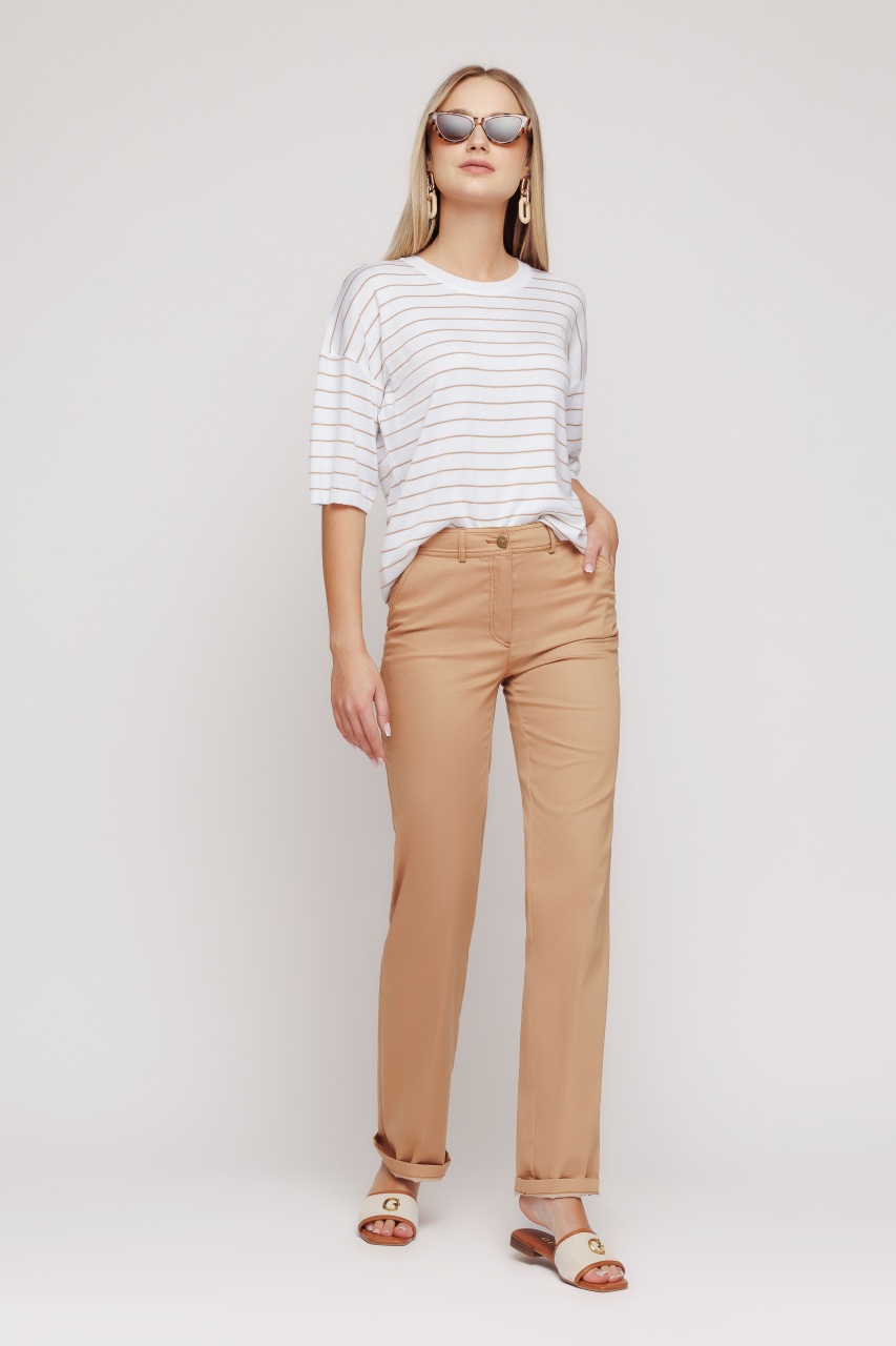 Pantaloni dama drepti bej cu broderie