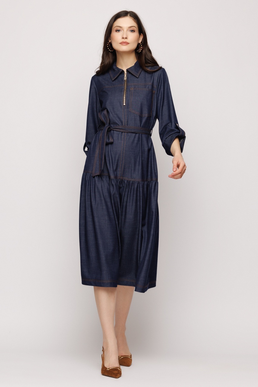 Rochie midi cu efect denim cu volan și cordon în talie