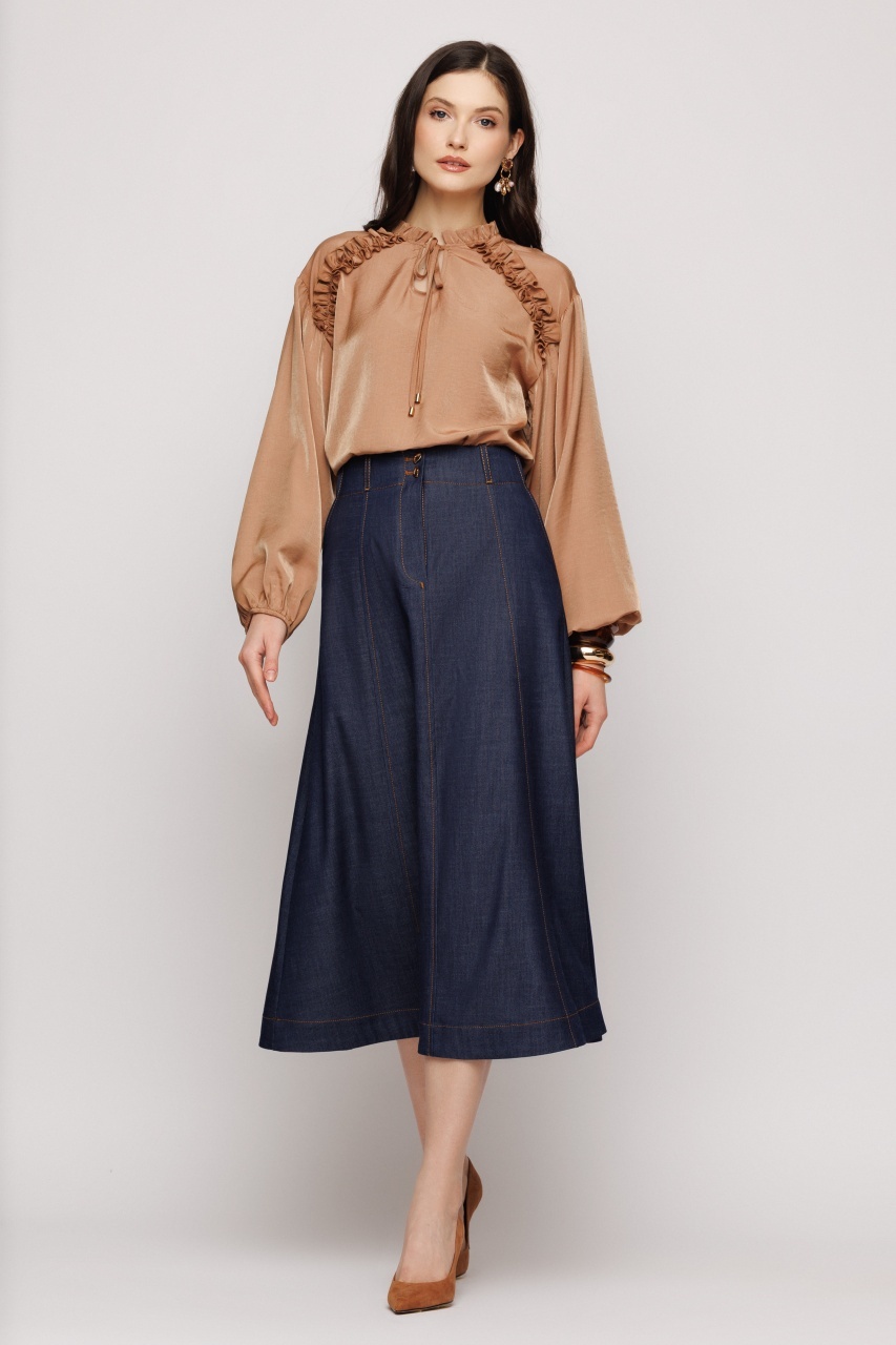 Fustă midi cu efect denim în clini cu buzunare și cusături contrast