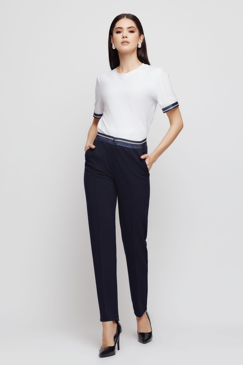 Pantaloni dama bleumarin cu banda in contrast