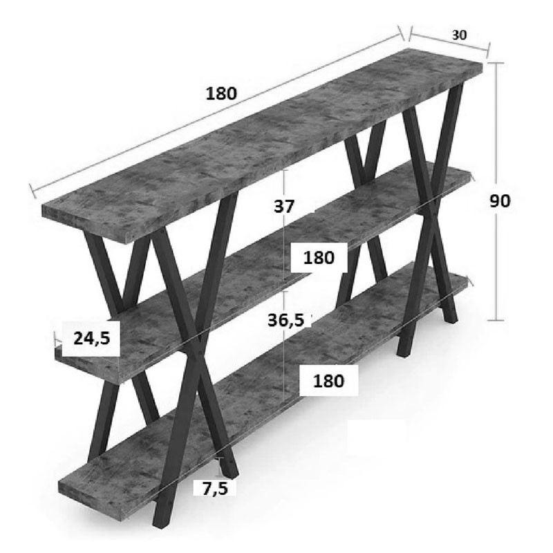 Raft Jisku lemn, culoarea nuc - metal negru 180x25x90cm