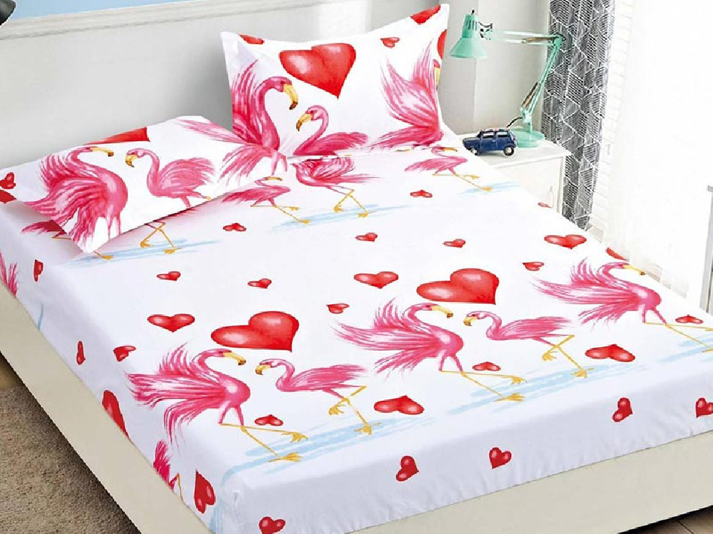 Cearsaf de pat cu elastic si 2 fete de perna, Flamingo Heart, 180x200cm (Finet)