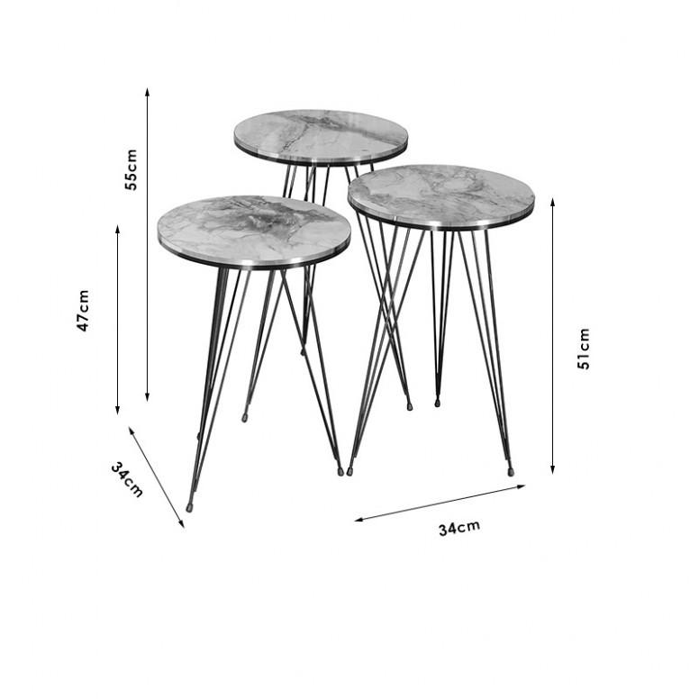 Masute laterale Sebastian set de 3 alb gri marmura-negru