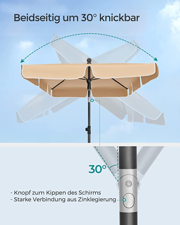 Umbrela de soare, Songmics, 30 grade, 1,8 x 1,25 m, UPF 50+, Bej
