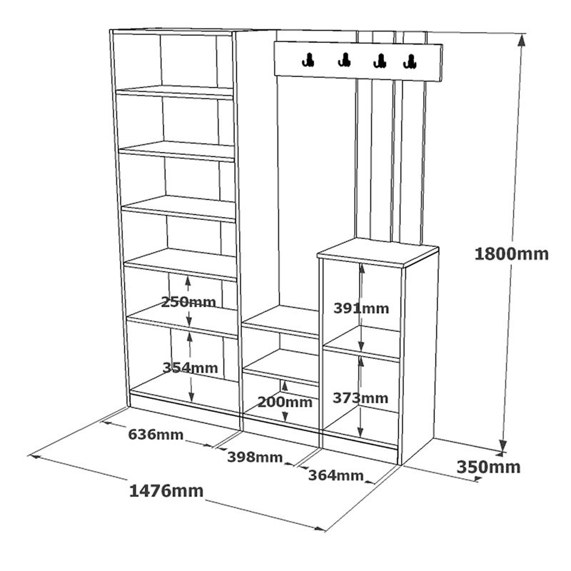 Cuier cu dulap Doorse melaminat gri inchis - sonoma 147.5x35x180cm