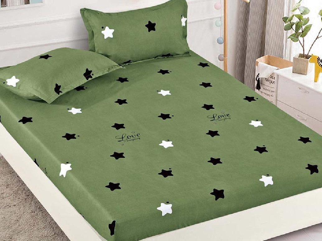 Cearsaf de pat cu elastic si 2 fete de perna, Starry Verde, 90x200cm (Finet)
