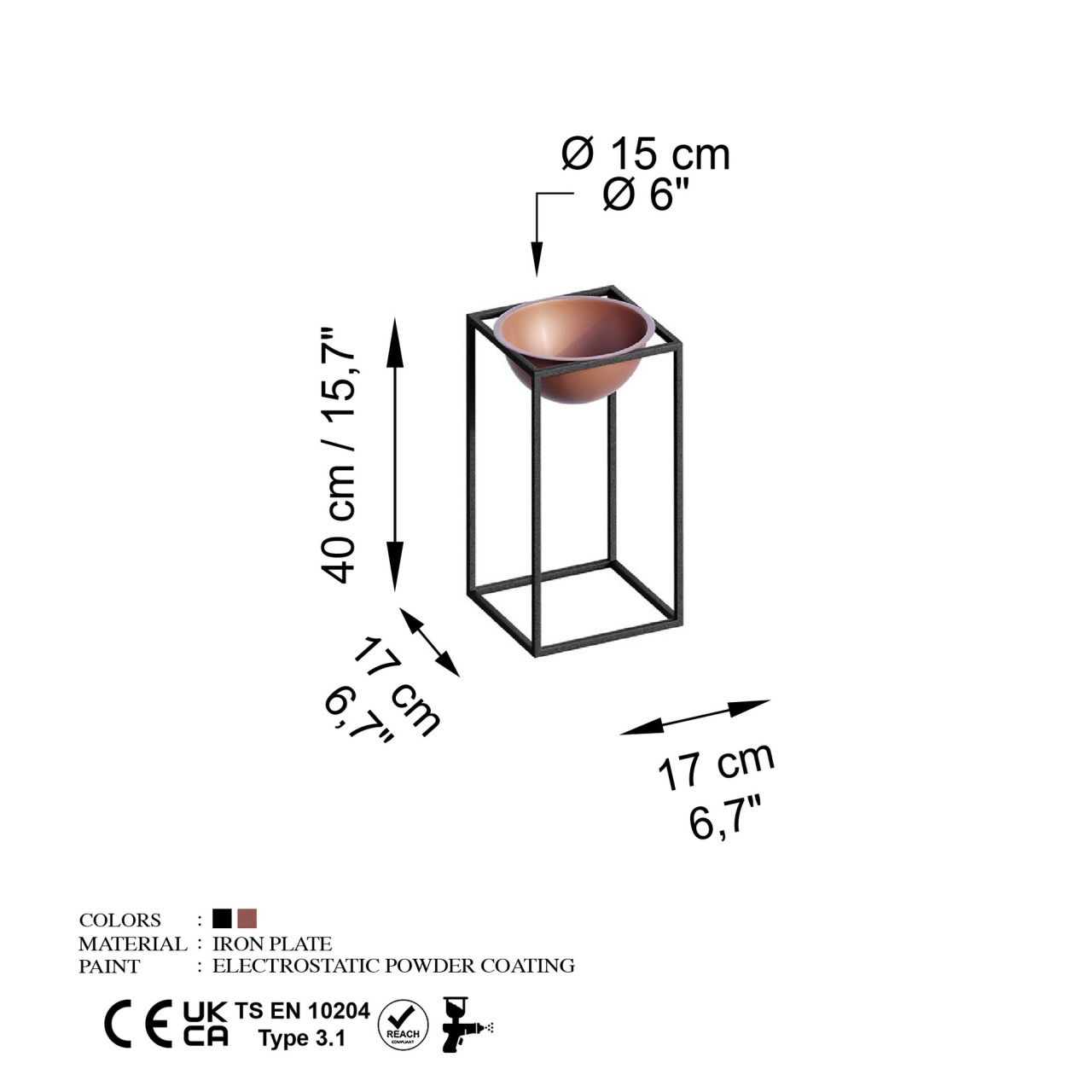 Ghiveci decorativ GED022B Cupru 17x40x17 cm