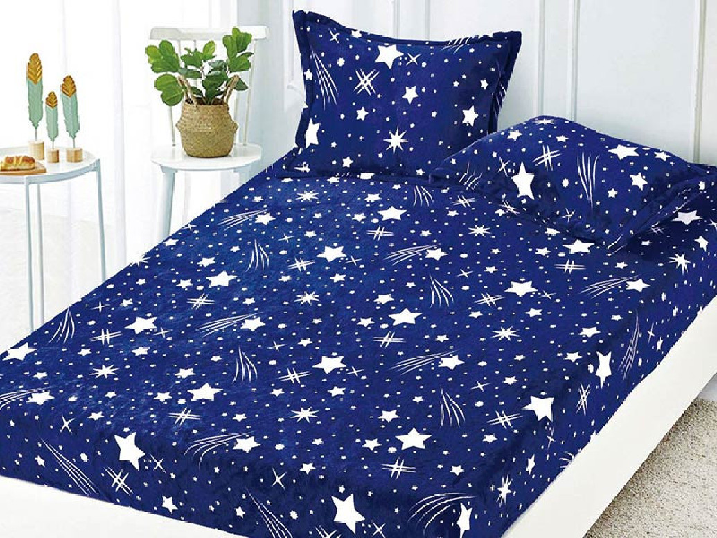 Cearsaf de pat Cocolino cu elastic si 2 fete de perna, Star Comet Blue, 180x200cm