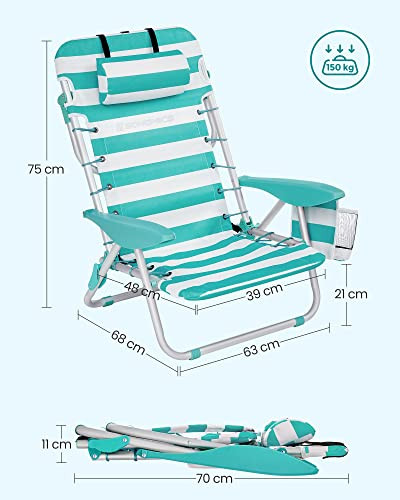 Scaun de plaja, Songmics, Verde-Alb, 63x68x75 cm